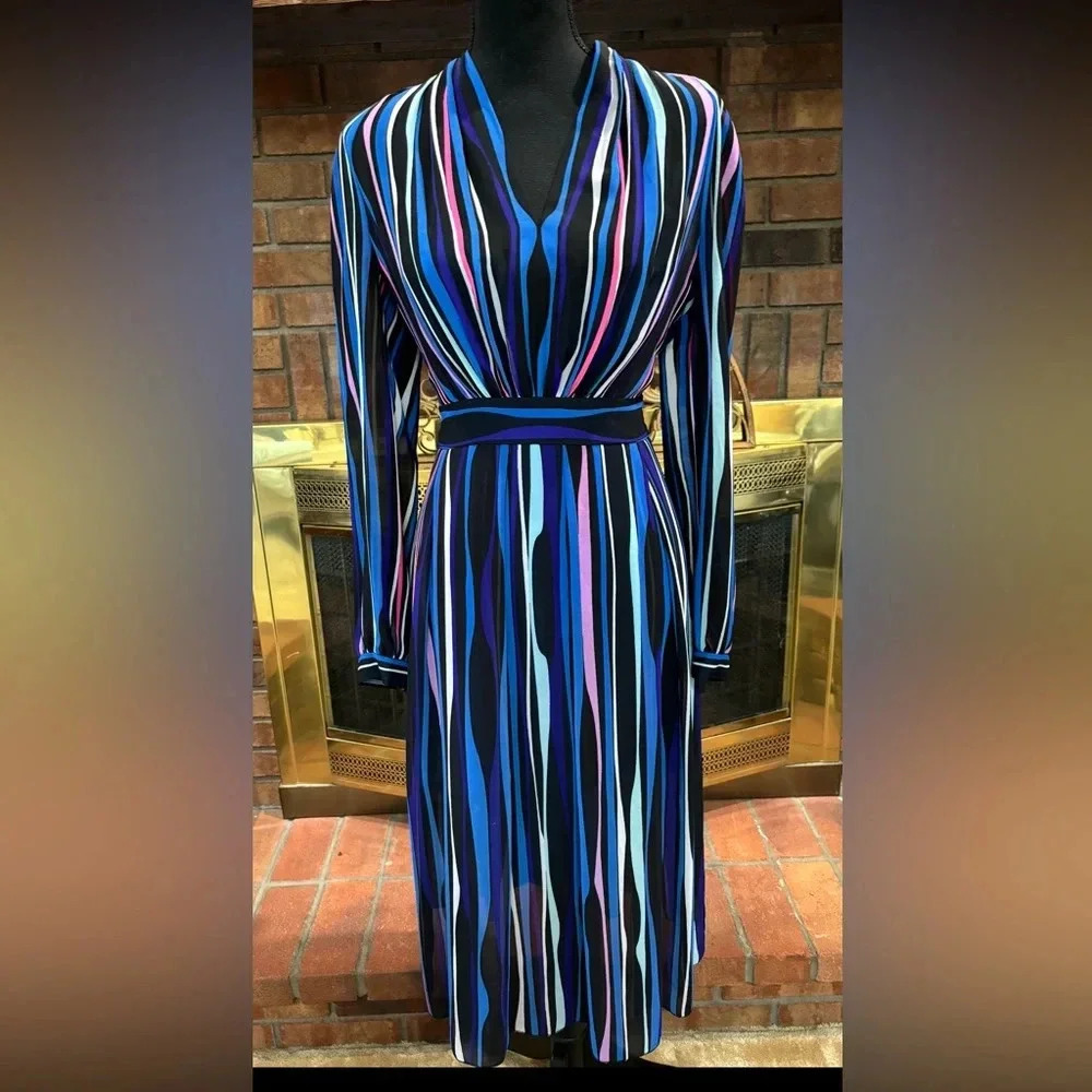 Anne Klein midi v-neck striped modern abstract dress multicolor